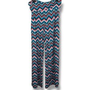Large 2B Clothing Colorful Wide Leg Pants Stretch Chevron Teal Blue Boho